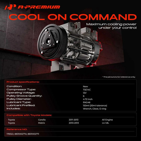 No Stress Bolt Up AC Compressor With Clutch Pre Filled Oil And Six Groove Pulley For Toyota Corolla 2011 To 2013 Matrix 2013 1.8L close-up angle with specifications details.