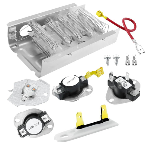 NED4655EW1 Dryer Heating Element Replacement for Whirlpool Maytag Kenmore Amana with coils, wires, and mounting screws visible