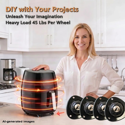 Black Self Adhesive Caster Wheels Four Pack Low Profile Swivel Rollers with air fryer on kitchen counter.