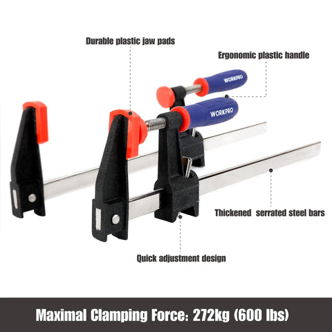 Two Piece 12 Inch Steel Bar Clamps With Reinforced Heavy Duty Bodies And Six Hundred Pound Jaw Capacity Built Like A Badass Workhorse For Woodworking Carpentry And Pro Diy Crews Needing Zero Slippage Grip with ergonomic handles and durable pad.