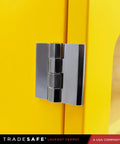 Close-up of yellow Lockout Tagout Cabinet For Unfilled Station Wall Mountable LOTO Box Industrial Grade 19 Gauge Steel hinge.