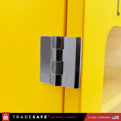 Close-up of yellow Lockout Tagout Cabinet For Unfilled Station Wall Mountable LOTO Box Industrial Grade 19 Gauge Steel hinge.