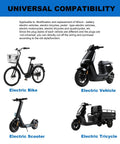 Universal compatibility chart for electric bike, vehicle, scooter, and tricycle with Full Twist Throttle For Q20 And Q20 Pro Lite Ebikes 3 Pin Universal Waterproof Throttle With 2 Keys Plug And Play Upgrade For Your Electric Scooter Or Trike With Universal Voltage visible.