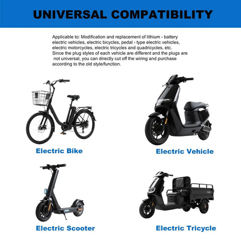 Universal compatibility chart for electric bike, vehicle, scooter, and tricycle with Full Twist Throttle For Q20 And Q20 Pro Lite Ebikes 3 Pin Universal Waterproof Throttle With 2 Keys Plug And Play Upgrade For Your Electric Scooter Or Trike With Universal Voltage visible.