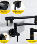 Matte Black Pot Filler Faucet Wall Mount Pro Grade Brass Construction Folding Stretchable Swing Arm Double Joint Single Hole Two Handles