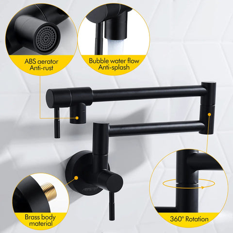 Matte Black Pot Filler Faucet Wall Mount Pro Grade Brass Construction Folding Stretchable Swing Arm Double Joint Single Hole Two Handles