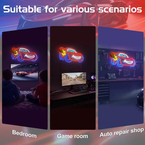 Racing Car Neon Sign Wall Decor With Dynamic LED Glow For Boys Bedrooms Gaming Rooms Garages And Parties A Cool Anime Themed Light That Sparks Speed Style And Car Lover Inspiration shown in bedroom, game room, and garage.