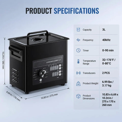 3L Ultrasonic Cleaner With Digital Heater Timer And Knob Control For Jewels Tools Parts. 40Khz Deep Cleaning Tech Removes Grime From Carburetors Nozzles. Degassing Mode For Thorough Washes Using Neutral Detergent And Warm Water. Reliable Home Or Shop