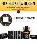 3/8 Inch Drive Impact Socket Set 29 Piece Shallow Socket Kit With SAE 3/8 To 1 Inch And Metric 8 To 22mm Includes 6 Inch And 10 Inch Extensions Universal Joint 6 Point Design Cr-V Steel ANSI Standards showcasing hex socket design.