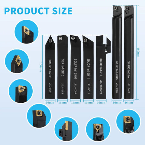 Front view of Indexable Lathe Turning Tool Set With 5/8 Inch Shank 16mm 21 Piece Kit With 7 Tool Holders And 14 Carbide Inserts