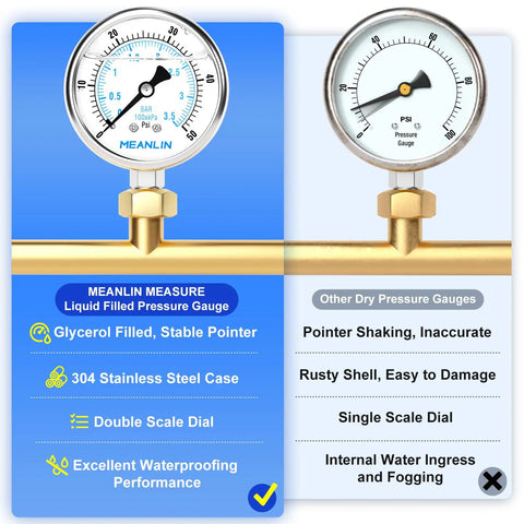 Comparison of Liquid Filled Pressure Gauge, Stainless Steel 316 Joint, 1/4 NPT, 2.5 Inch Dial with other dry gauges