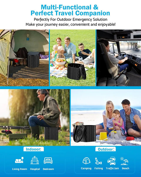 Collage showing Upgraded 15 Inch Portable Toilet With Removable Paper Holder for camping, family picnics, and truck drivers.