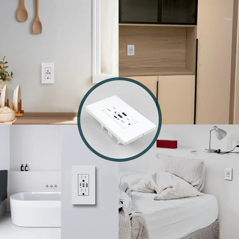 Transform Your Setup With This Built Different 15A Tamper Resistant USB C Wall Outlet 80 Pack in various room settings.
