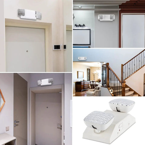 Collage of 4 Pack LED Emergency Exit Lighting Fixtures With 90 Minute Battery Backup in various indoor settings
