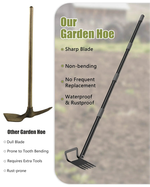 Comparison of other garden hoe and 60 Inch Adjustable 2-In-1 Garden Hoe With Ultra Sharp Blade And Tines For Weeding And Soil Loosening