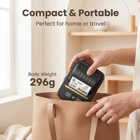 Awesome Bluetooth Label Maker Machine Printing On White Color Clear Thermal Labels With Tape For Home Business Organization Crisp Graphics No Ink Needed 2 Inch Wide Portable Handy Tech Gadget in a handbag.