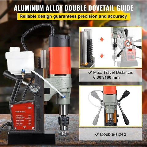 Heavy Duty 1200W Magnetic Drill Press Rock Solid Electric Mag Bench Tapping Rig with aluminum alloy double dovetail guide for precision.
