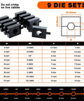 Heavy Duty Hydraulic Crimping Tool Kit With Cable Cutter And Nine Die Sets For Twelve AWG To Two Zero AWG Wires Includes Forty Copper Wire Lugs Pro Electrician Crimper For Terminal Crimping DIY And Professional Grade, diagram of die dimensions and specifications.