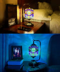 7 Color Mosaic Table Lamp With 360 Degree Rotating Color Changing Glass Handmade Antique Boho Bedside Lamp With 2 USB Ports Dope Bedroom Decor Gift Blue on nightstand.