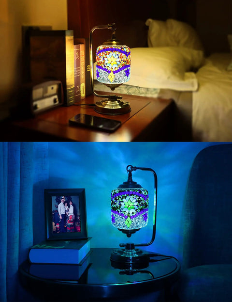 7 Color Mosaic Table Lamp With 360 Degree Rotating Color Changing Glass Handmade Antique Boho Bedside Lamp With 2 USB Ports Dope Bedroom Decor Gift Blue on nightstand.