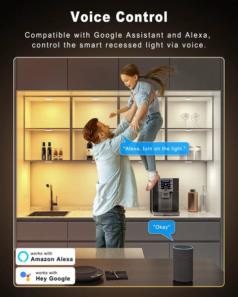 Father and daughter in kitchen with smart under cabinet puck lights 4 pack 2.75 inch dimmable LEDs works with Alexa and Google Home.