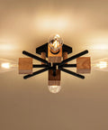 Cool 4 Light Sputnik Ceiling Light Fixture Black Flush Mount With Wood Base, installed on ceiling, modern farmhouse style