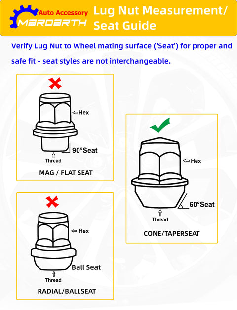 Lug nut measurement guide with 60° conical seat for Ford 24 Pack 14x2.0 Spline Lug Nuts With 60 Degree Conical Seats XL Diver Style