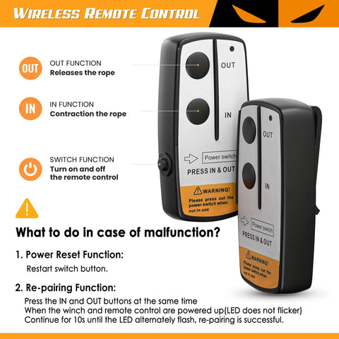 Wireless remote for 12V 3500Lbs Waterproof Electric Winch Kit For ATV UTV And Truck showing buttons and functions details.