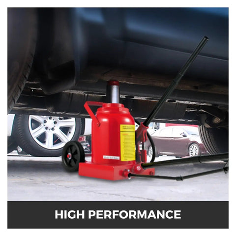 Beefy 50 Ton Air Hydraulic Bottle Jack under a vehicle, showcasing its 50 ton capacity and pneumatic lifting features.