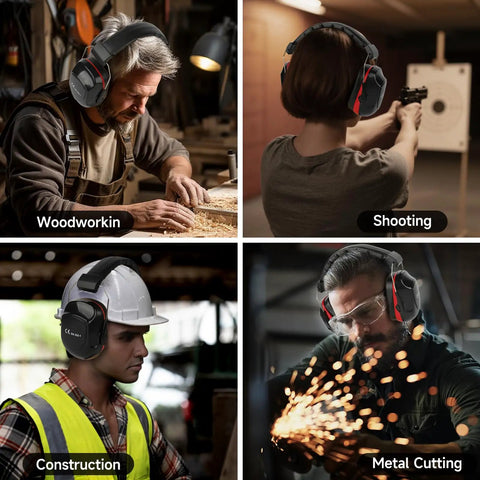 People using Boss Level Noise Reduction Ear Muffs For Shooting And Range Safety, ideal in woodworking, shooting, construction, metal cutting.