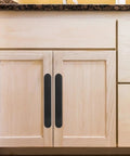 Black Arc Brushed Kitchen Cabinet Handles 2 Pack, 96mm Drawer Pulls on light wooden kitchen cabinet doors