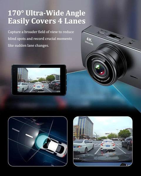 4K Front And Rear Dash Cam For Cars With 1080P Rear Camera Built In Wi Fi And App Control 32GB Card Included displayed