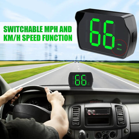 Straight Shot Gps Digital Speedometer For Car Wireless Dash Speed Tracker showing 66 MPH on a bright LED screen inside a vehicle.