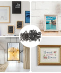 Collage of 50 black metal picture frame backing buckles with screws for hanging frames and artwork