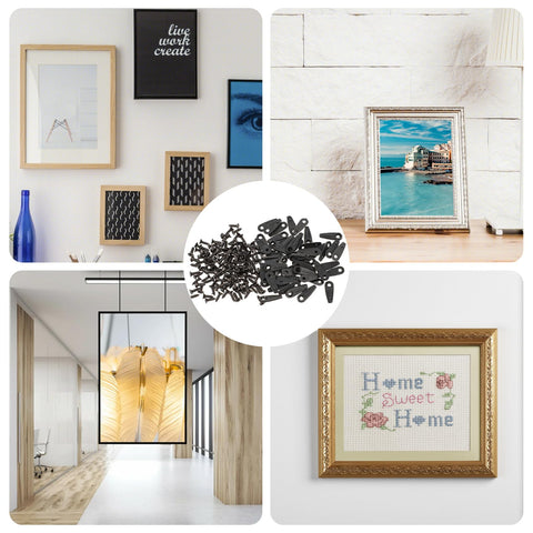 Collage of 50 black metal picture frame backing buckles with screws for hanging frames and artwork