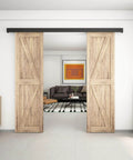 7 Foot Double Sliding Barn Door Hardware Kit With Low Clearance Aluminum Box Rail, installed wooden doors in living room, black finish.