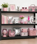 Big Time 3 Tier Metal Bookshelf With Adjustable Storage Shelves Built Rock Solid From Thick Cold Rolled Steel displaying pink decor.