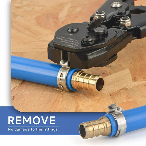 Cinch And Crimp Ratchet PEX Tool for removing 3/8 to 1 inch stainless steel clamp on blue PEX pipe with brass fitting