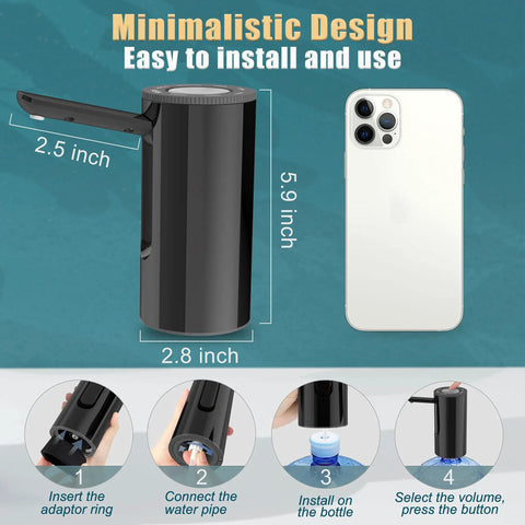 Foldable Water Dispenser Pump For 5 Gallon Bottles, Portable USB C Electric Submersible Jug Pump with installation steps and dimensions.