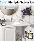 Three In One Hair Tool Organizer And Universal Hair Dryer Holder Upgraded 2026 in black, mounted on wall and over cabinet in bathroom.