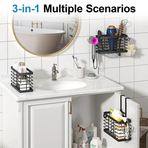 Three In One Hair Tool Organizer And Universal Hair Dryer Holder Upgraded 2026 in black, mounted on wall and over cabinet in bathroom.