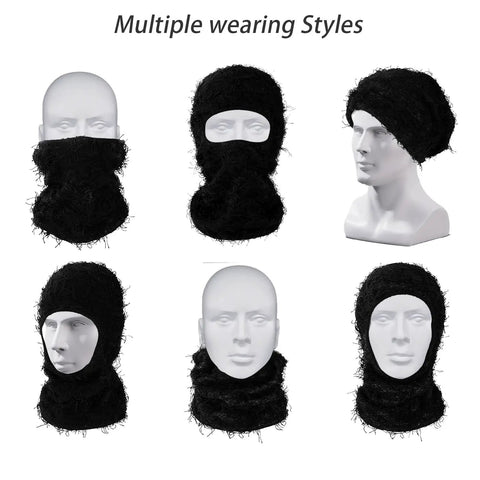 Multiple styles of 2 Pack Distressed Balaclava Ski Masks For Men And Women on mannequin heads, winter gear