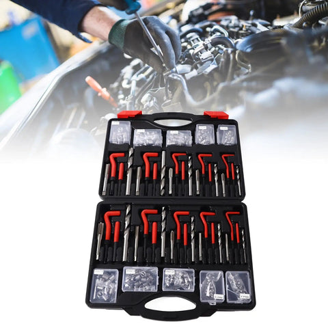 261 Piece Thread Repair Kit with metric and imperial self tapping inserts, taps, and drill bits for automotive use, in case