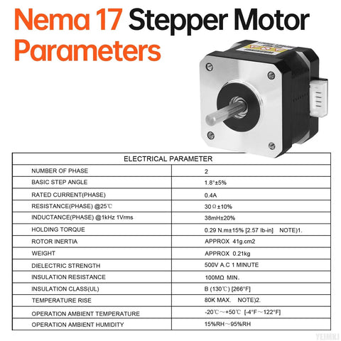 Five Pack Nema 17 Stepper Motors 1.8 Degree 2 Phase High Torque 0.29Nm Bipolar 42x34mm 0.4A 30Ohm specifications chart