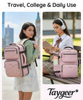 Under Seat Personal Item Bag For Travel TSA Approved 18x14x8 Inches With Water Bottle Pocket And Shoe Compartment Fits 15.6 Inch Laptop Pink For Women Go To Travel Buddy Carry On Backpack on model during outdoor and reading scenes.