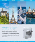 Type C Travel Adapter for Europe with images of famous landmarks in Germany, France, Iceland, and Italy.