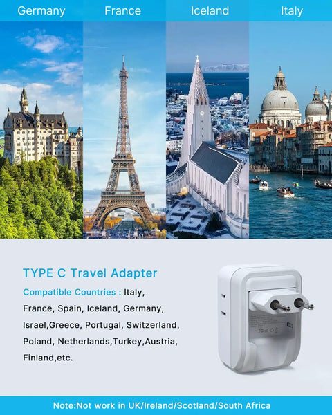 Type C Travel Adapter for Europe with images of famous landmarks in Germany, France, Iceland, and Italy.