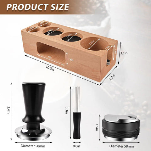 Five Piece Espresso Tamper Station Kit With Wooden Distributor, Calibrated Spring Loaded Tamper, Espresso Stirrer, Cleaning Brush, And 58mm Tamping Mat Pro Grade Barista Gear For Home Or Cafe Use