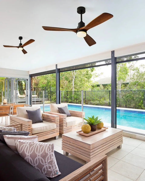 Sleek 52 Inch Black Ceiling Fan With Lights 3 Mahogany Wood Blades Remote Control Ultra Quiet Reversible DC Motor in patio