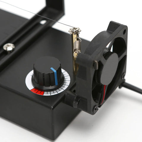 Close-up of adjustable knob and fan on Electric Ribbon Cutter And Sealer With Adjustable Heat Range From 100 To 600 Degrees
